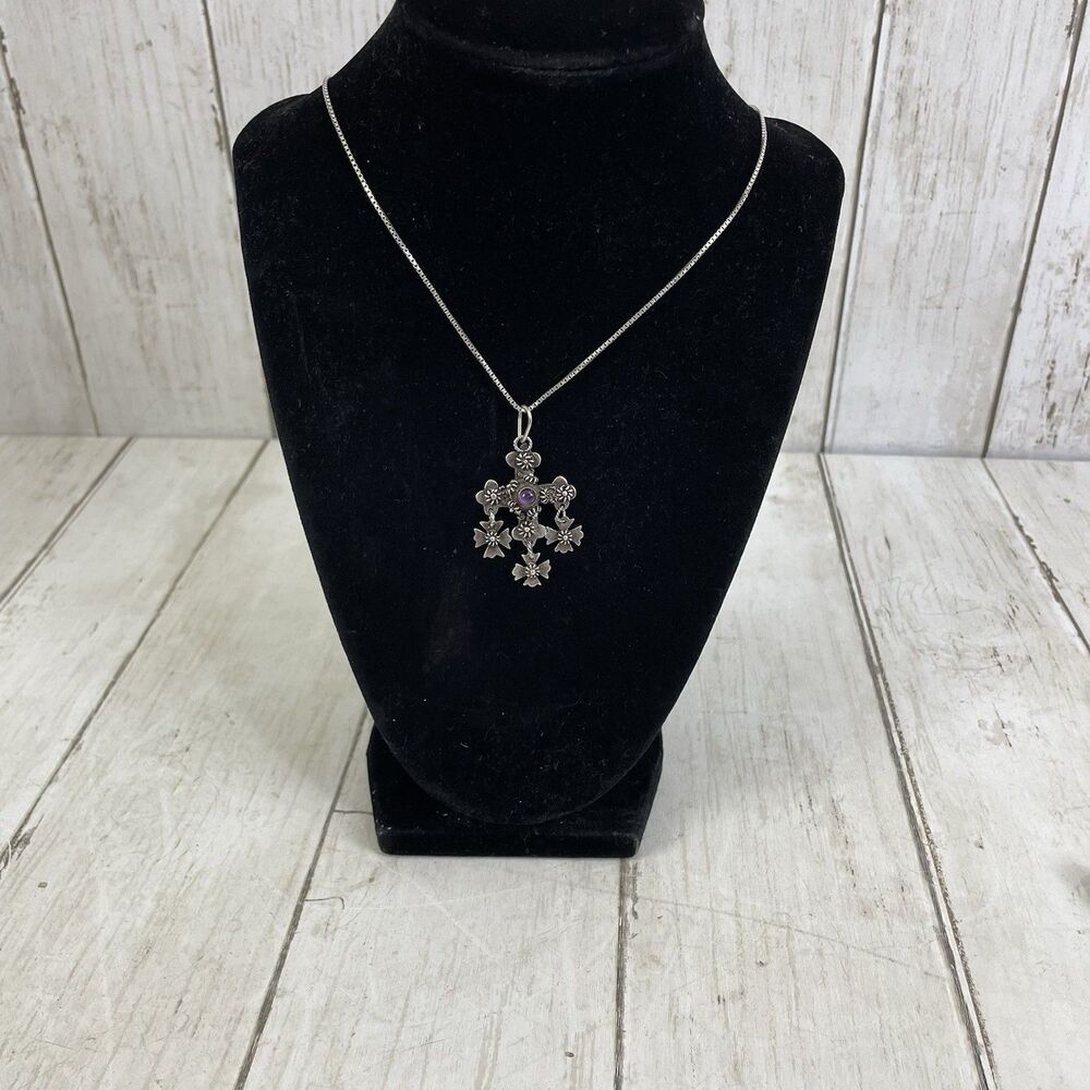 Vtg Taxco Mexico Sterling Silver 925  Amethyst Yalalag Cross On Box Chain